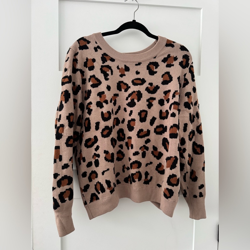 Apricot Leopard Print Crew Neck Sweater - Brown and Black